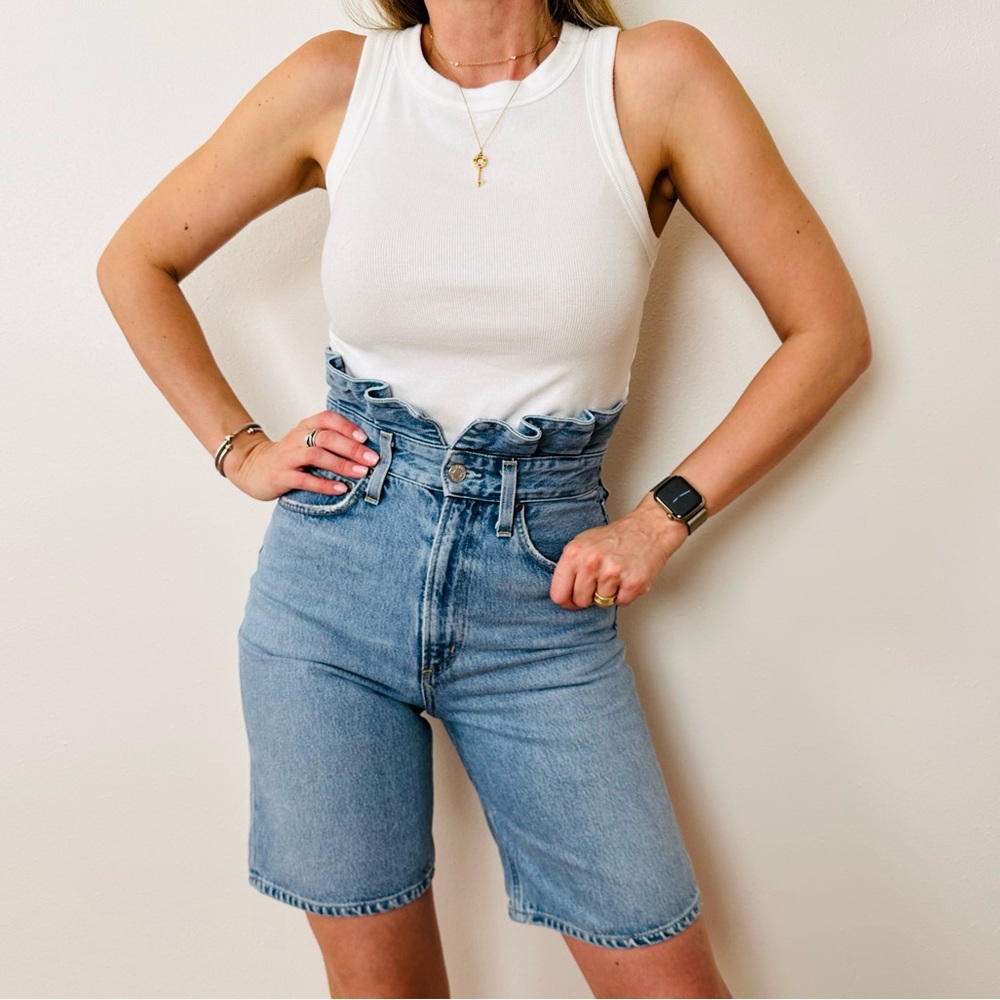 Agolde super high waisted ruffle top 100% organic cotton demin blue jean shorts